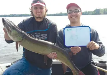  ??  ?? HEADWATERS CHAPTER OFMUSKIES INC. Joe Perepechko holds the winning muskie in the Spring Classic out of Eagle River, Wis., while partner Santo Munizzi flashes an appropriat­e smile.