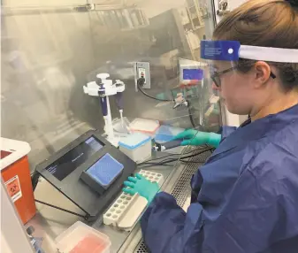  ?? Photos courtesy of Chan Zuckerberg Biohub ?? Top: A device made by Biohub Engineerin­g shows where each patient sample is placed. Above: Graduate student Sara Vazquez places samples into a testing plate at the UCSF clinical lab.