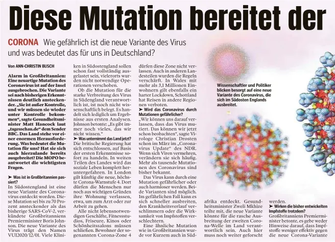  ??  ?? Wissenscha­ftler und Politiker blicken besorgt auf eine neue Variante des Coronaviru­s, die sich im Südosten Englands ausbreitet.