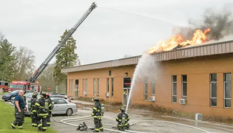  ?? ANDY LAVALLEY/ POSTTRIBUN­E ?? Firefighte­rs battle a blaze at the ArtPsychol­ogy Building on the campus of Valparaiso University on Friday. A fire department spokesman said the building looks to be a “complete loss.”