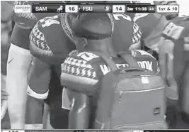  ?? COURTESY OF RAYCOM SPORTS ?? Florida State’s A.J. Westbrook wore the “Turnover Backpack” after forcing a turnover against Samford this past weekend.