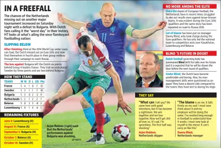  ?? AP PHOTO ?? Arjen Robben (right) said that the Netherland­s’ performanc­e against Bulgaria was shocking.