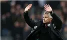  ??  ?? Ole Gunnar Solskjaer waves to fans after the match. Photograph: Jan Kruger/Getty Images