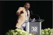  ?? SUE OGROCKI — THE ASSOCIATED PRESS ?? Hall of Fame linebacker Ray Lewis speaks during a tribute to NFL player Jim Brown on Thursday, in Canton, Ohio.