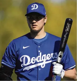  ?? ASHLEY LANDIS / ASSOCIATED PRESS ?? Los Angeles Dodgers designated hitter Shohei Ohtani models baseball’s controvers­ial new uniform top during spring training workouts at Camelback Ranch in Phoenix on Friday. Many players say they don’t like the change.