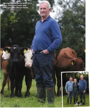  ?? PHOTO: DAMIEN EAGERS ?? Michael Guinan on his farm near Tullamore; inset, with wife Concepta and son Kevin