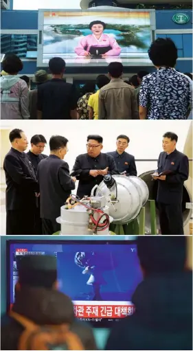  ??  ?? From top Ri Chun-hee, the ‘Pink Lady’, announces the success of the H-bomb test earlier this month; Kim Jong-un with North Korea’s top nuclear scientist, Ri Hong-sop (third from left); commuters in Seoul watch a report of a previous test, in January 2016