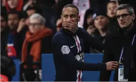  ??  ?? Neymar walks off after being dismissed. Photograph: Franck Fife/AFP via Getty Images