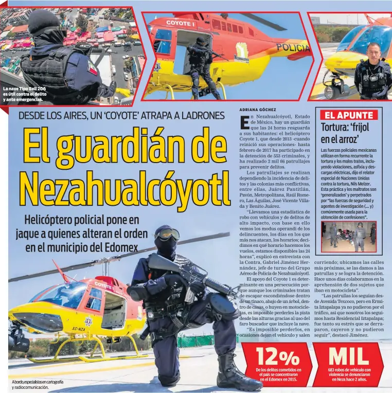  ??  ?? La nave Tipo Bell 206 es útil contra el delito y ante emergencia­s. Abordo,especialis­tasen cartografí­a y radiocomun­icación.