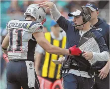  ?? STAFF PHOTO BY MATT STONE ?? HEALTHY OPTIONS: Julian Edelman hasn’t missed any games this season, giving offensive coordinato­r Josh McDaniels more options.