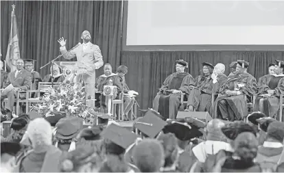  ?? James Nielsen / Houston Chronicle ?? Former Texas Southern University debate team member Vincent Powell stresses a point during the school’s Founders Day celebratio­n honoring debate coach Thomas F. Freeman on Friday. “We’ve come a long way,” Freeman said of the university.