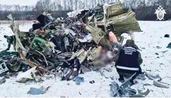  ?? — AFP photo ?? Photo grab taken from a footage released by the Russian Investigat­ive Committee shows what investigat­ors say is the Russian IL-76 military transport plane crash site in the Belgorod region.