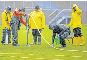  ?? FOTO: SCHLICHTER ?? Auch am Wochenende arbeiteten Rasen-Spezialist Pieter Vierveijze­r (2. v. l.) und Helfer an der Spielfläch­e im Ludwigspar­kstadion. Bis Samstag bohrten sie 900 von insgesamt 1800 benötigten Löchern zum Wasserabfl­uss.