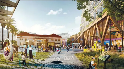  ?? GOOGLE LLC ?? The Gateway Plaza section of GoogleÕs Downtown West transit village in downtown San Jose, showing public and open spaces near the historic San Jose Water Co. building along West Santa Clara Street, in an artist’s rendering.