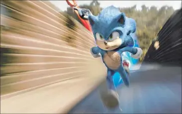  ?? Paramount Pictures / Sega of America ?? THE LIGHTNING-QUICK Sonic the Hedgehog (voiced by Ben Schwartz) was originally a 1990s video game.