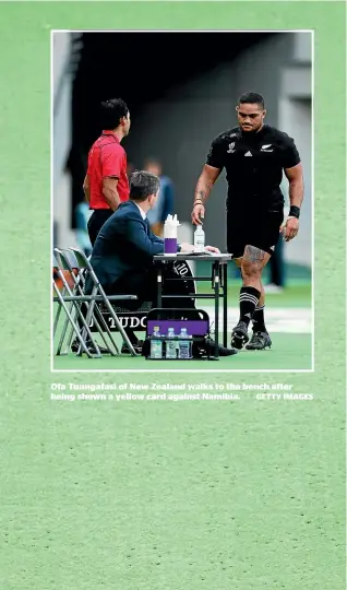  ?? GETTY IMAGES ?? Ofa Tuungafasi of New Zealand walks to the bench after being shown a yellow card against Namibia.