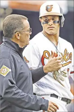  ?? USA TODAY ?? Manny Machado is walked off field by O’s trainer after Sox pitcher Matt Barnes throws behind Baltimore star’s head.