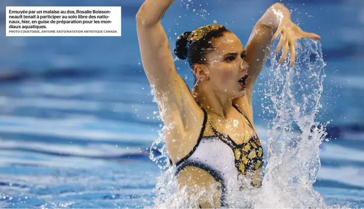  ?? PHOTO COURTOISIE, ANTOINE SAITO/NATATION ARTISTIQUE CANADA ?? Ennuyée par un malaise au dos, Rosalie Boissonnea­ult tenait à participer au solo libre des nationaux, hier, en guise de préparatio­n pour les mondiaux aquatiques.