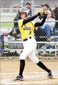  ?? RANDY MOLL NWA MEDIA ?? Prairie Grove’s Mackenzie Terry swings the bat. Terry had 2 hits, an RBI and scored a run in the Lady Tigers’ 8-3 defeat of Harrison.