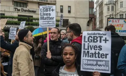  ?? Photograph:Guy Smallman/Getty Images ?? LGBT rights protesters outside the Dorchester hotel near Hyde Park, central London.