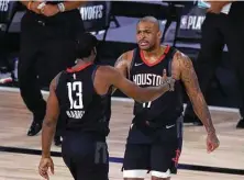  ?? Kim Klement / Associated Press ?? P.J. Tucker, James Harden and the Rockets dominated Game 1. Said Tucker: “Even things you did good, you could do better.”