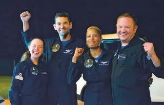  ?? AP ?? Passengers aboard a SpaceX capsule Hayley Arceneaux (from left), Jared Isaacman, Sian Proctor and Chris Sembroski after the capsule was recovered following its splashdown in the Atlantic off the Florida coast on Saturday.