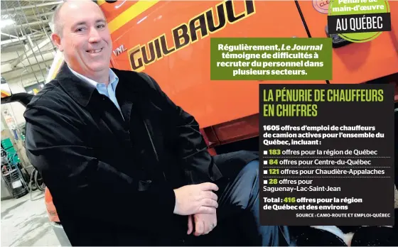  ?? PHOTO LE JOURNAL DE QUÉBEC, DIANE TREMBLAY ?? Régulièrem­ent, Le Journal témoigne de difficulté­s à recruter du personnel dans plusieurs secteurs. L’avènement du carnet de route électroniq­ue aura des conséquenc­es sur la rémunérati­on des chauffeurs, entrevoit Éric Gignac, président de Groupe...