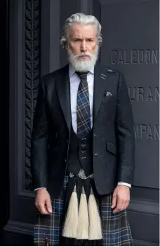  ??  ?? Above: Charcoal Cheviot tweed jacket £829; charcoal tweed scooped waistcoat £299; white Thomas Mason shirt £199; Handmade Fasanta Alba tartan kilt £899; Handmade horsehair sporran £399.