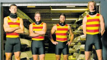  ?? Photo / Patrick Monaghan ?? Thomas Monaghan (left), Luke Watts, Hugh Pawson and Hamish Maxwell flew out of New Zealand yesterday on their journey to compete at the prestigiou­s Henley Royal Regatta on the River Thames in early July.