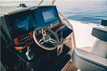  ??  ?? Top: The Seven Marine package on the Tiara includes a suite of Volvo Penta Electronic Vessel Control features at the helm, such as joystick and glass cockpit.