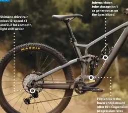  ?? ?? Shimano drivetrain mixes 12-speed XT and SLX for a smooth, light shift action
Internal down tube storage isn’t as generous as on the Specialize­d
Flip-chips in the lower shock mount offer two suspension progressio­n rates