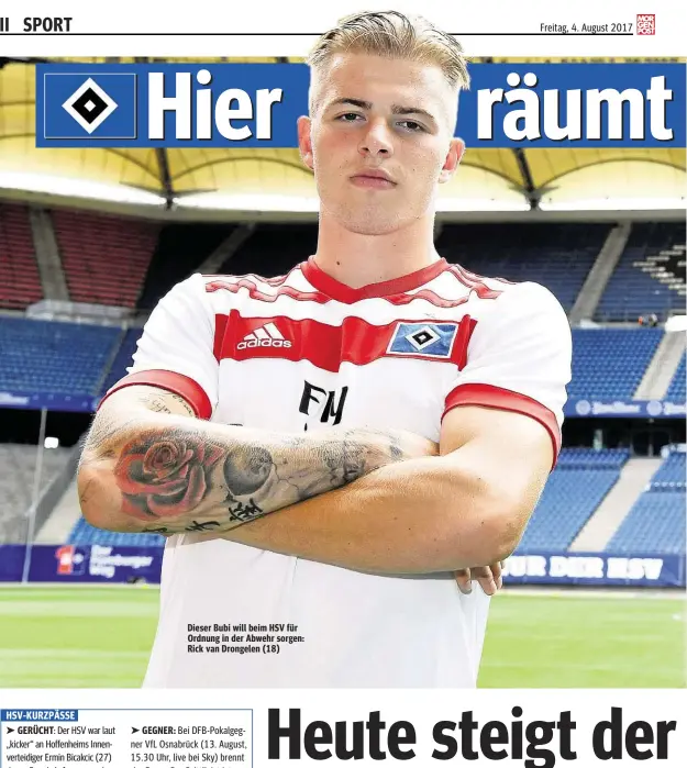  ??  ?? Dieser Bubi will beim HSV für Ordnung in der Abwehr sorgen: Rick van Drongelen (18)