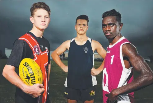  ??  ?? LOOKING GOOD: Jaspar Kneebone, Karl Petri and Fitzroy Greenwool are ready to play ball. Picture: BRENDAN RADKE