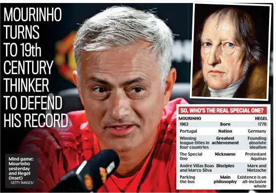  ?? GETTY IMAGES/ ?? Mind game: Mourinho yesterday and Hegel (inset)