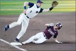  ?? (AP) ?? Notre Dame infielder Jack Brannigan (9) moves toward the ball as Mississipp­i State’s Scott Dubrule, (bottom), safely steals third base at an NCAA college baseball super regional game, on June 14, in Starkville, Miss.