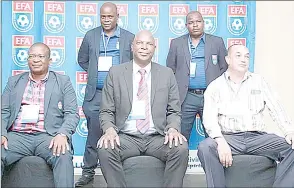  ?? (File pic) ?? Eswatini Football Associatio­n’s President Peter ‘Samora’ Simelane (C) sitting with his vices, Mashumi Shongwe (L) and Steve Horton (R), the duo won the court case against Simelane.