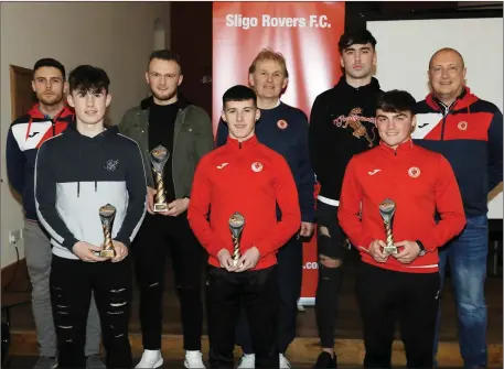  ??  ?? John Russell (Rovers assistant manager), David Cawley (senior player of the year), manager Liam Buckley, John Mahon (young player of the year), Dave Campbell, Oran Groarke (U15 player of the year), Tyler Stallard (U17 player of the year) and Scott Lynch (U19 player of the year).