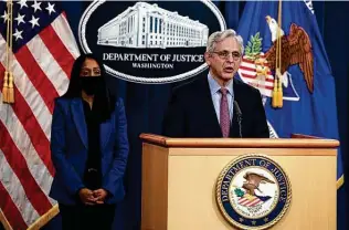  ?? Anna Moneymaker / Tribune News Service ?? Attorney General Merrick B. Garland speaks at a news conference Monday in Washington, D.C. He’s suing Texas over its redistrict­ing maps, saying they dilute minority votes.