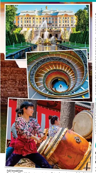  ??  ?? DAWN OF A NEW DAY: The sun rises at Chichen Itza in Mexico, main picture. From top: the Peterhof Palace, known as the Russian Versailles, outside St Petersburg; the Vatican’s fabulous Bramante Staircase and Taiko drumming in Japan