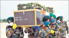  ?? ANI ?? Mortal remains of Major Anuj Sood arrive in Chandigarh on Monday. The braveheart, who was killed in the Handwara encounter on Sunday, will be cremated at Manimajra on Tuesday.