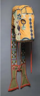  ??  ?? 1. A Tlingit Chilkat blanket, ca. 1890, mountain goat hair, cedar bark and aniline dies, 68" wide excluding fringe. Estimate: $30/50,000 SOLD: $35,000 2. A Plateau beaded wool horse mask, ca. 1900, wool, glass seed beads, muslin, brass buttons, brass sequins, brass hawk bells, hide and thread, 53". Estimate: $5/7,000 SOLD: $15,000