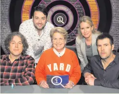  ??  ?? Familiar faces: (top) Jason Manford with fellow One Show presenter Alex Jones and on QI with Alan Davies, Sandi Toksvig, Lucy Beaumont and Rhod Gilbert