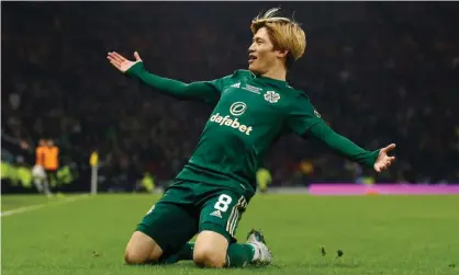  ?? Photograph: Jason Cairnduff/Action Images/Reuters ?? Kyogo Furuhashi after his second goal puts Celtic ahead of Hibernian at Hampden.