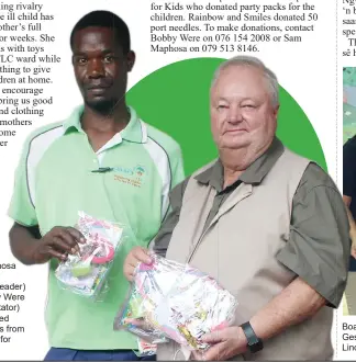  ?? ?? Sam Maphosa (CANSA volunteer leader) and Bobby Were (TLC facilitato­r) with donated party packs from Cupcakes for Kids.