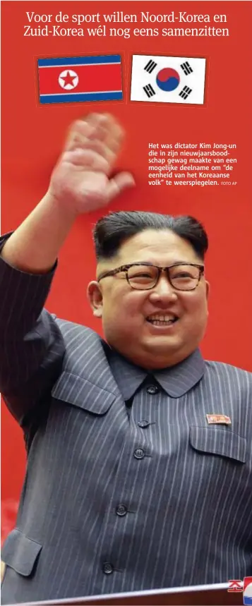  ?? FOTO AP ?? Het was dictator Kim Jongun die in zijn nieuwjaars­boodschap gewag maakte van een mogelijke deelname om “de eenheid van het Koreaanse volk” te weerspiege­len.