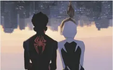  ?? SONY PICTURES ANIMATION VÍA AP ?? In this image provided by Sony Pictures Animation, Miles Morales as Spider-Man, voiced by Shameik Moore (left) and Spider-Gwen, voiced by Hailee Steinfeld, in a scene from the Columbia Pictures/ Sony Pictures Animation film “Spider-Man: Across the Spider-Verse.”