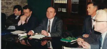  ??  ?? The Millstreet Steering Committee adressing issues during a meeting prior to the 1993 Eurovision Song Contest Included are Joe O’Mahony (Chairman Car Parking and Security); Ken Brennan (Secretary), Dr. Michael Feeley(Chairman); Ray Cawley (Consultant Co-ordinator) and Colman Culhane (Recording Secretary). Picture John Tarrant