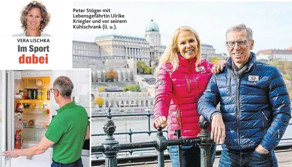  ?? ?? Peter Stöger mit Lebensgefä­hrtin Ulrike Kriegler und vor seinem Kühlschran­k (li. u.).