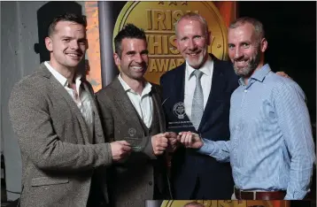  ??  ?? ABOVE: Bernard Walsh of Walsh Distillery with Andrew Sweeney, Brian Fagan and Barry Gallagher of Glendaloug­h Distillery. RIGHT: Bernard Walsh with Andrew Sweeney.