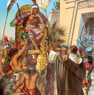  ??  ?? MISIÓN: EVANGELIZA­R. Esta litografía en color del siglo XIX muestra al padre Valverde (capellán castrense de Pizarro) intentando “convertir” al soberano inca Atahualpa, en 1532.